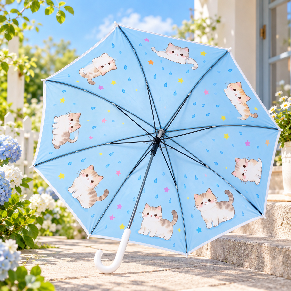 Blue Cute Cat Hook-Handle Umbrella